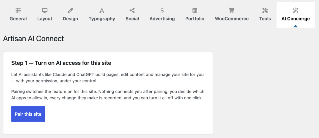 Theme Options &rarr; AI Concierge tab showing Step 1 with the Pair this site button
